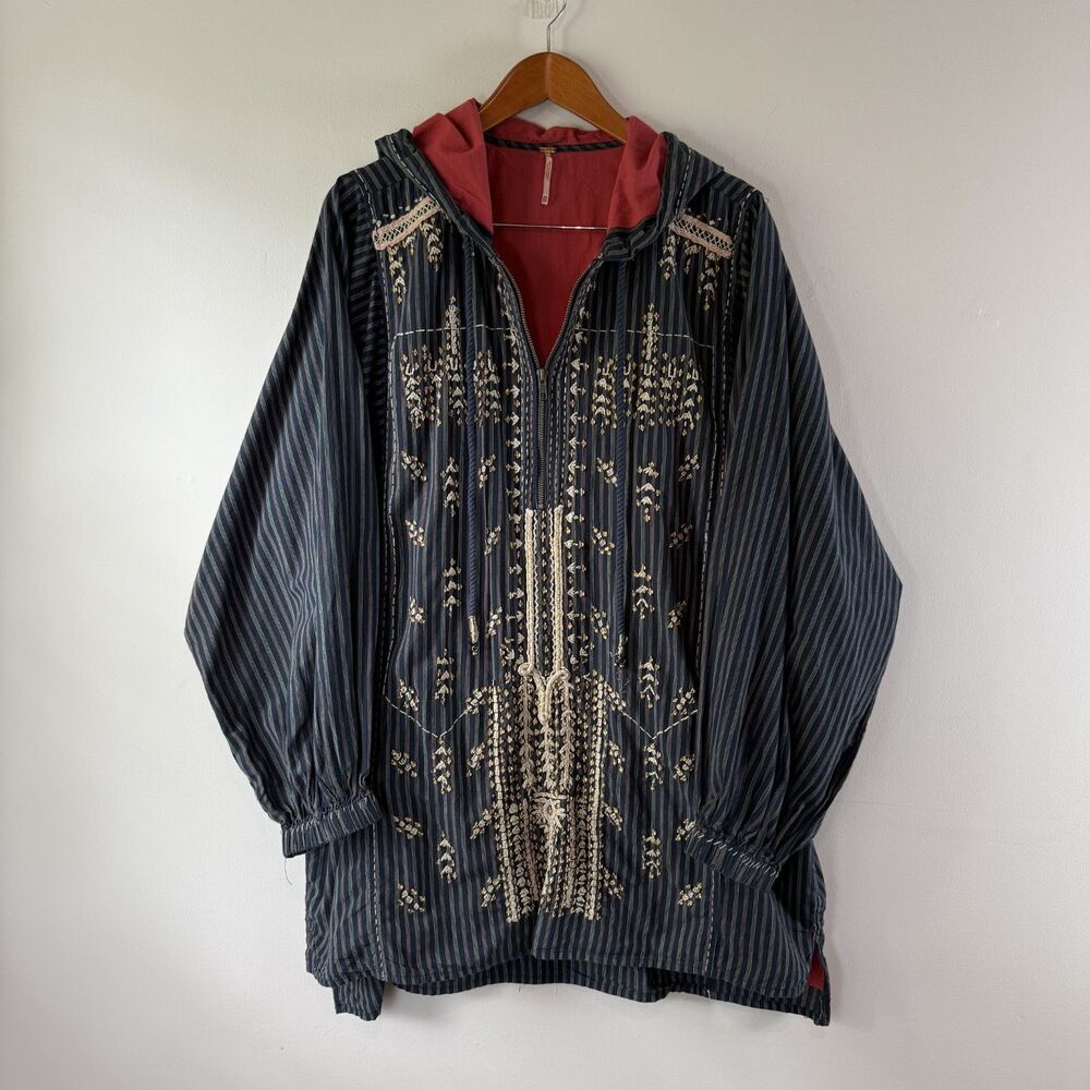 Free People Embellished Boho 1/4 Zip | Y2K Oversized Cotton Embroidered Stripes